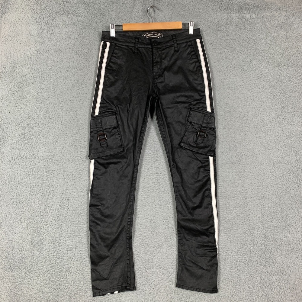 Robin's Jeans Predator Cargo Pants Women's 25 Black Coated‎ Side Striped Sporty - Picture 2 of 14